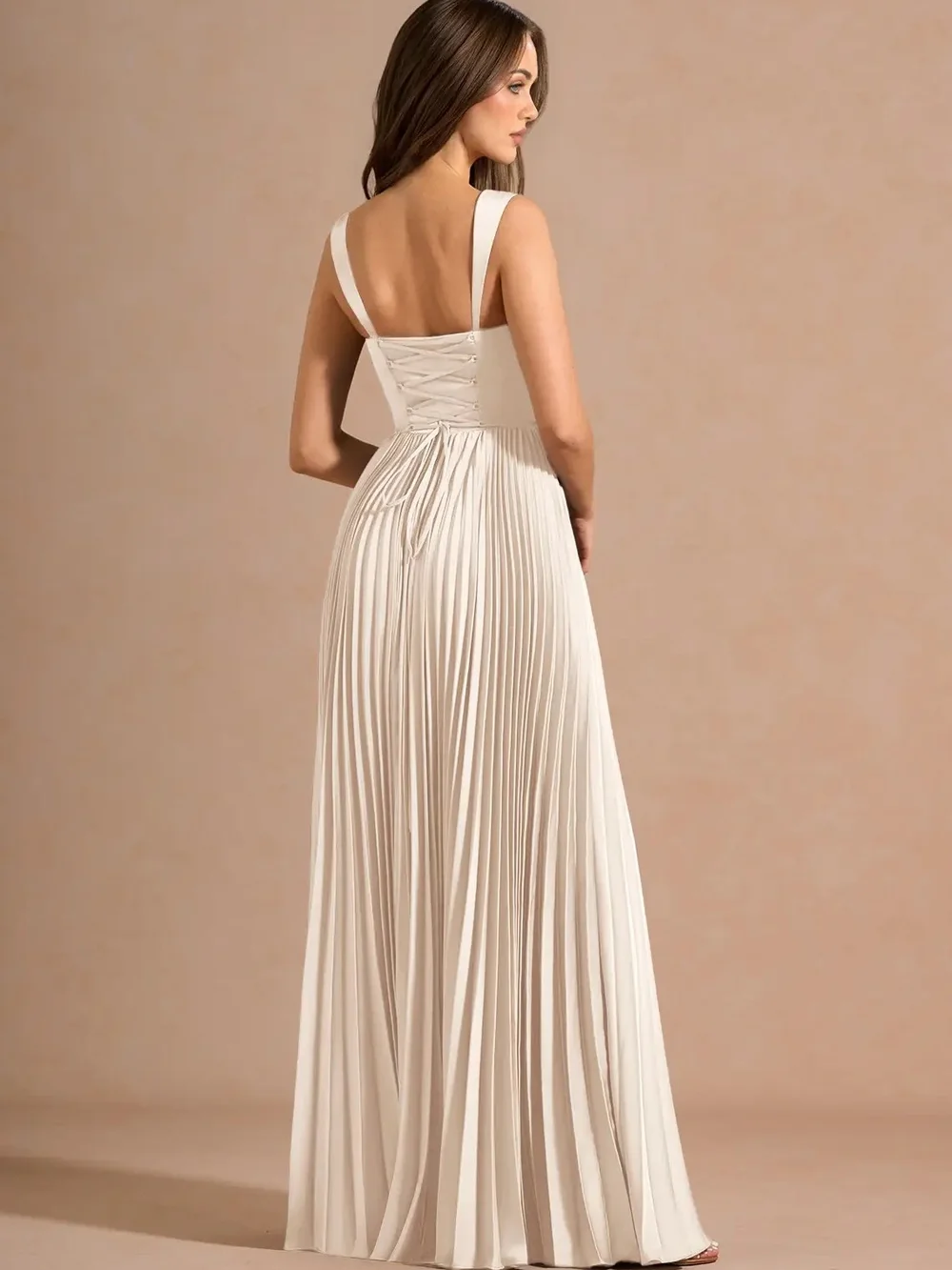 Azazie Ivory Pleated Maxi Dress with Corset Bodice - Picture 2 of 3